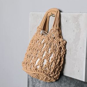 JBRUN Women's Bucket Drawstring Handbag Fishing Net Shoulder Bag Straw Weave Handbag Summer Beach Bags Hobo Bag (A-Brown)