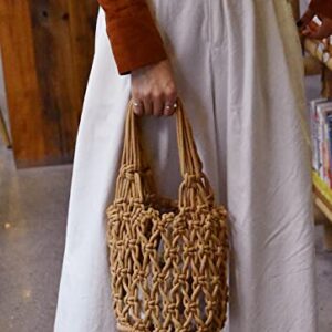 JBRUN Women's Bucket Drawstring Handbag Fishing Net Shoulder Bag Straw Weave Handbag Summer Beach Bags Hobo Bag (A-Brown)