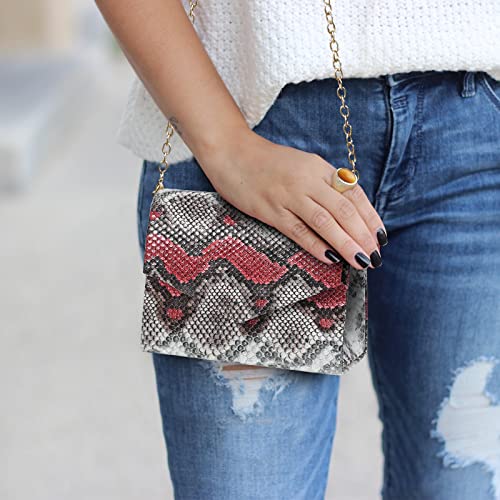 WJCD Snake Print Leather Clutch Purse with Crossbody Chain Strap (Red)