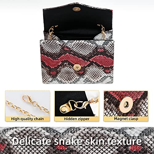 WJCD Snake Print Leather Clutch Purse with Crossbody Chain Strap (Red)