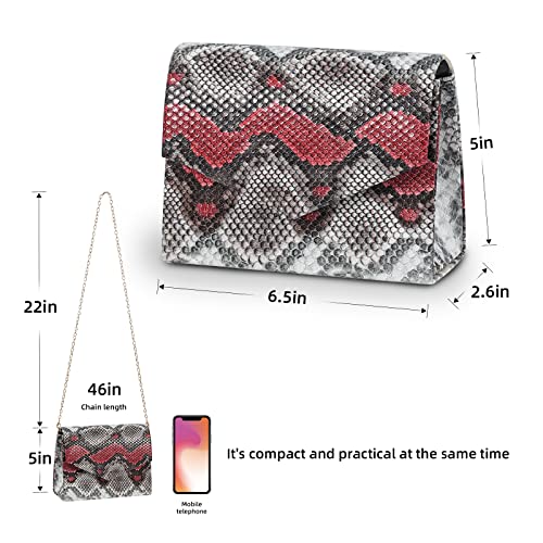 WJCD Snake Print Leather Clutch Purse with Crossbody Chain Strap (Red)