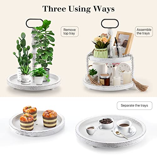 Luxspire 2 Tiered Tray, Farmhouse Wood Tier Tray Round Serving Tray with Wood Bead Garland, Vintage Decorative Tray Countertop Organizer Patio Spring Easter Decor, White