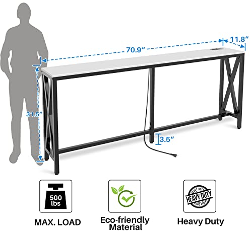 Aquzee Console Table with 2 Power Outlet and 2 USB Ports, 70.9" x 11.8" x 31.5" Steel Frame Narrow Behind Couch Sofa Table, Extra Long White Entryway Table