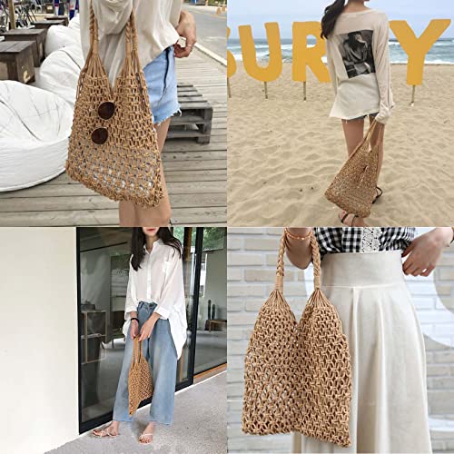 Women Straw Handbag Summer Beach Tote Handmade Woven Shoulder Bag Fishing Net Hobo Purse