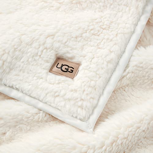 UGG Blake Sherpa Blanket - Fuzzy Throw Blanket for Couch - Warm Blanket for Living Room - Soft Sofa Blanket - Natural/Snow Trim - 50” x 70