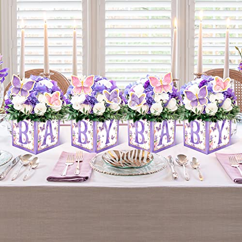 Levfla Purple Butterfly Baby Centerpiece Boxes with Butterfly Cutouts, Party Floral Arrangement, Baby Shower Table Decoration without Flowers, Set of 4 Blocks & 8 PCS Butterfly Cardstocks