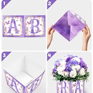 Levfla Purple Butterfly Baby Centerpiece Boxes with Butterfly Cutouts, Party Floral Arrangement, Baby Shower Table Decoration without Flowers, Set of 4 Blocks & 8 PCS Butterfly Cardstocks