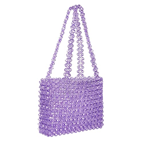 Katathani Purple Colored Transparent Beaded Tote HandBag for Women Acrylic Shoulderbag Evening Handmade Bag for Wedding Party Beach