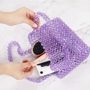 Katathani Purple Colored Transparent Beaded Tote HandBag for Women Acrylic Shoulderbag Evening Handmade Bag for Wedding Party Beach