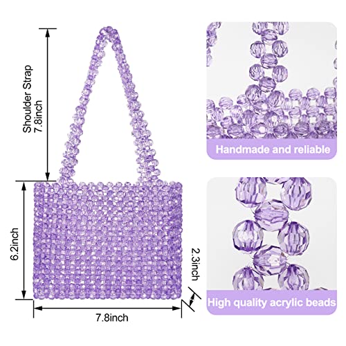 Katathani Purple Colored Transparent Beaded Tote HandBag for Women Acrylic Shoulderbag Evening Handmade Bag for Wedding Party Beach