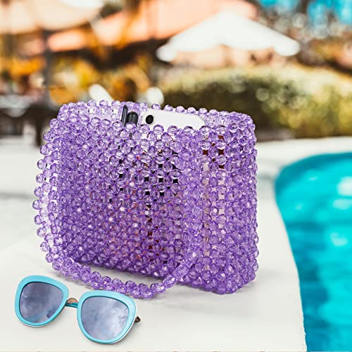 Katathani Purple Colored Transparent Beaded Tote HandBag for Women Acrylic Shoulderbag Evening Handmade Bag for Wedding Party Beach