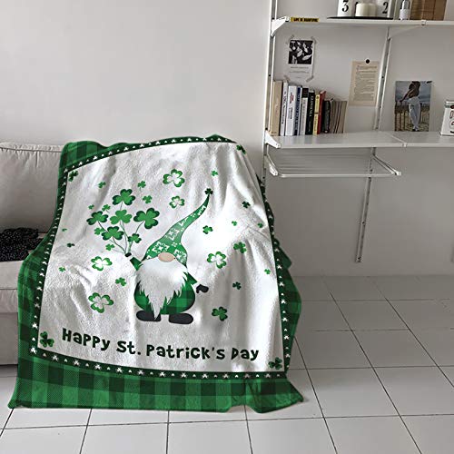 St. Patrick's Day Gnome Blanket Ultra Soft Flannel Throw Blanket Cute Lucky Leprechaun Shamrocks Green Plaid Blanket Warm Cozy St. Patrick's Day Decorations Blanket for Couch Sofa 40x50 inches