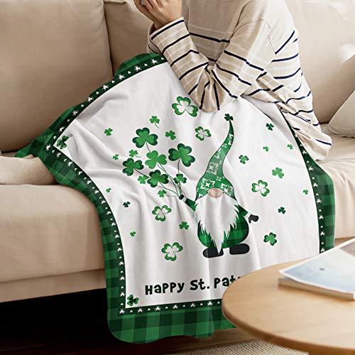 St. Patrick's Day Gnome Blanket Ultra Soft Flannel Throw Blanket Cute Lucky Leprechaun Shamrocks Green Plaid Blanket Warm Cozy St. Patrick's Day Decorations Blanket for Couch Sofa 40x50 inches