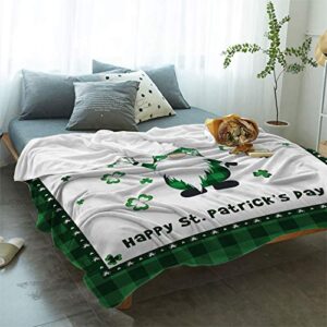 St. Patrick's Day Gnome Blanket Ultra Soft Flannel Throw Blanket Cute Lucky Leprechaun Shamrocks Green Plaid Blanket Warm Cozy St. Patrick's Day Decorations Blanket for Couch Sofa 40x50 inches