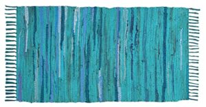 cotton rag rug 24”x36”- 2×3′- multicolor chindi rug – hand woven washable & reversible for living room kitchen entryway bedroom rug rag with tassel (aqua)