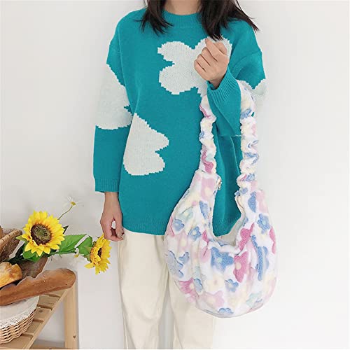 JIANEEXSQ Hobo Bag Women Floral Flower Fluffy Purse Large Capacity Furry Handbag Shoulder Tote Bag, White