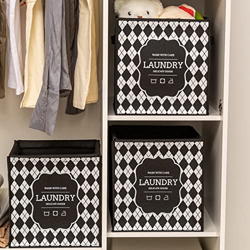LUFOFOX Felt Fabric Bins,Set of 3,Collapsible Storage Bins with Handles,Foldable Storage Cubes for Shelves,Small Clothes Basket ,11.8"×11.8"×12.2" (Black)