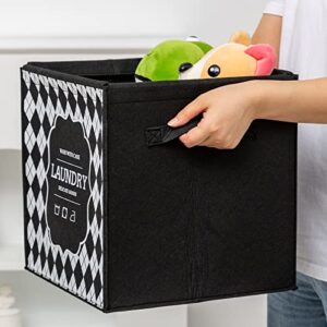 LUFOFOX Felt Fabric Bins,Set of 3,Collapsible Storage Bins with Handles,Foldable Storage Cubes for Shelves,Small Clothes Basket ,11.8"×11.8"×12.2" (Black)