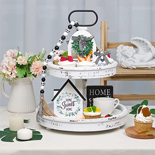 HOLICOLOR Two Tiered Tray with 5pcs Wooden Signs, Christmas Tiered Tray Decor Farmhouse Decor White Rustic Modern Home Decorative Trays Wood Tray for Home Kitchen Cakes Dessert Fruit