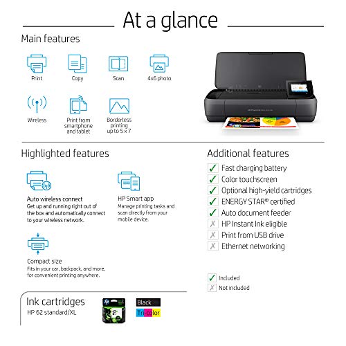 HP OfficeJet 250 All-in-One Portable Printer with Wireless & Mobile Printing, Works with Alexa (CZ992A) Black