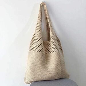 Sluxa Knit shoulder bag for women, beige knitted tote bag for women, Hippie casual aesthetic women tote bag