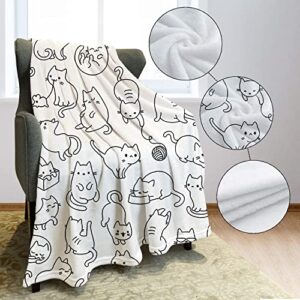 YISUMEI White Cat Throw Blanket Simple Strokes of Cats Playing Fleece Blanket Soft Warm Cozy for Kids Adult Gifts 60"x80"
