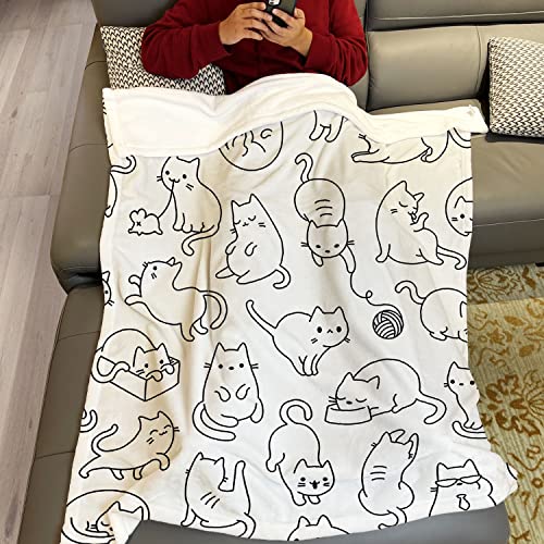 YISUMEI White Cat Throw Blanket Simple Strokes of Cats Playing Fleece Blanket Soft Warm Cozy for Kids Adult Gifts 60"x80"