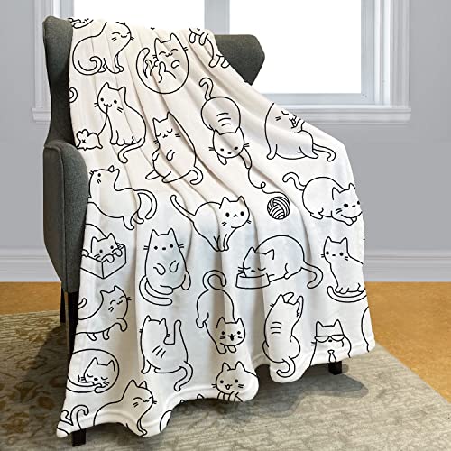 YISUMEI White Cat Throw Blanket Simple Strokes of Cats Playing Fleece Blanket Soft Warm Cozy for Kids Adult Gifts 60"x80"