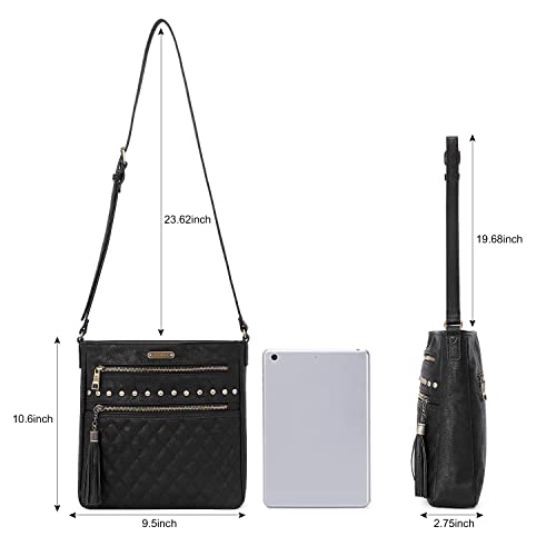 CLUCI Crossbody Bags Purses for Women, Leather Messenger Tassel Bag, Medium Travel Handbags Multiple Pockets, Fall Vintage Shoulder Bags Black