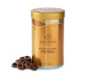godiva chocolatier assorted milk chocolate covered pretzels gift canister, 66-pieces