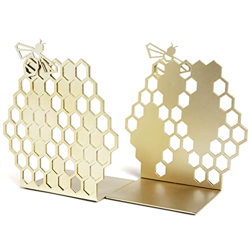 Honeycomb Book Ends - Premium Gold Decorative Bookends for Shelves - Heavy Duty Bookends for Heavy Books - Modern Metal Non-Skid Book Holders (1 Pair, 2 Pieces) by Special Lucy