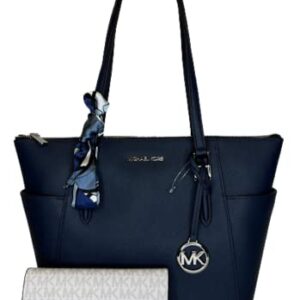 Michael Kors Charlotte Large Zip Tote bundled with matching Trifold Wallet Purse Hook (Navy/Signature MK Bright White)