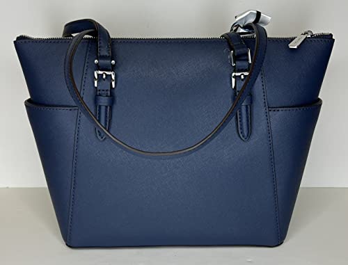 Michael Kors Charlotte Large Zip Tote bundled with matching Trifold Wallet Purse Hook (Navy/Signature MK Bright White)