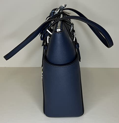 Michael Kors Charlotte Large Zip Tote bundled with matching Trifold Wallet Purse Hook (Navy/Signature MK Bright White)