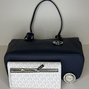 Michael Kors Charlotte Large Zip Tote bundled with matching Trifold Wallet Purse Hook (Navy/Signature MK Bright White)
