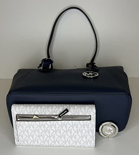 Michael Kors Charlotte Large Zip Tote bundled with matching Trifold Wallet Purse Hook (Navy/Signature MK Bright White)