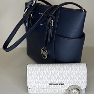 Michael Kors Charlotte Large Zip Tote bundled with matching Trifold Wallet Purse Hook (Navy/Signature MK Bright White)