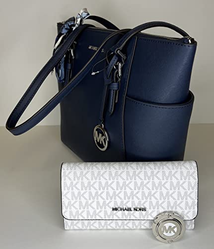 Michael Kors Charlotte Large Zip Tote bundled with matching Trifold Wallet Purse Hook (Navy/Signature MK Bright White)