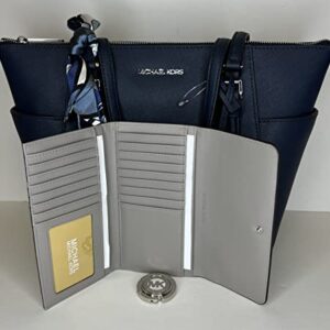 Michael Kors Charlotte Large Zip Tote bundled with matching Trifold Wallet Purse Hook (Navy/Signature MK Bright White)