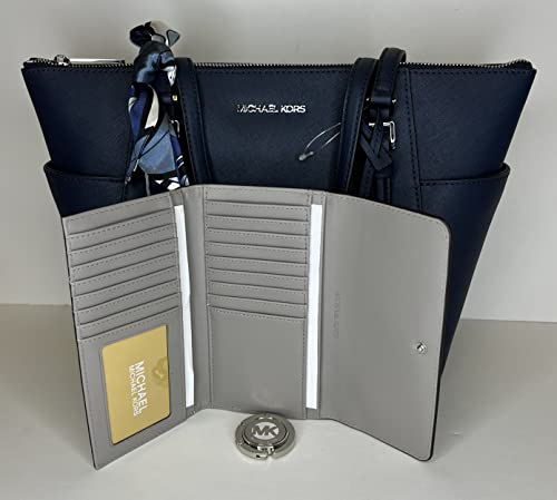 Michael Kors Charlotte Large Zip Tote bundled with matching Trifold Wallet Purse Hook (Navy/Signature MK Bright White)