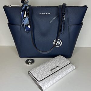 Michael Kors Charlotte Large Zip Tote bundled with matching Trifold Wallet Purse Hook (Navy/Signature MK Bright White)