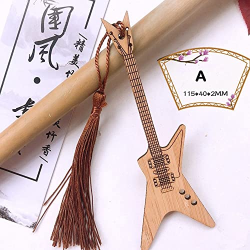 Natural Bamboo Guitar Shape Bookmark, Chinese Style Vintage Bookmark with Tassel, Ideal Gift for Reader, Teachers, Women and Kids(A)