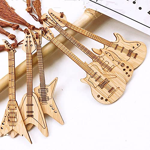 Natural Bamboo Guitar Shape Bookmark, Chinese Style Vintage Bookmark with Tassel, Ideal Gift for Reader, Teachers, Women and Kids(A)