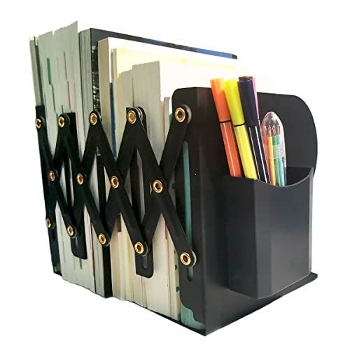 Metal Adjustable Book Ends to Hold Books Heavy Duty, Bookends for Shelves with Pen Holder, Book Stoppers for School and Office