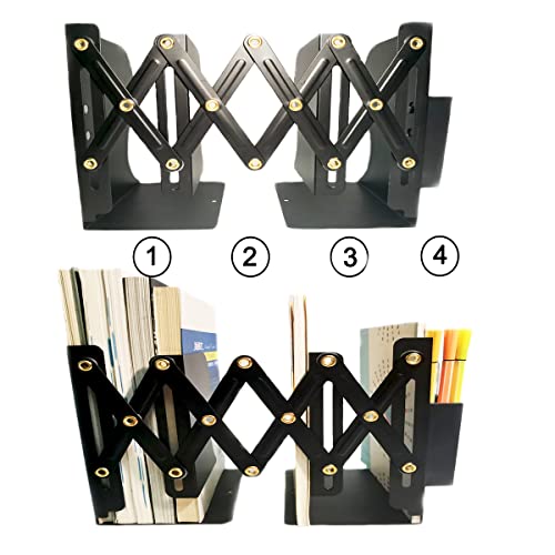 Metal Adjustable Book Ends to Hold Books Heavy Duty, Bookends for Shelves with Pen Holder, Book Stoppers for School and Office