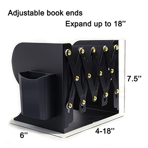 Metal Adjustable Book Ends to Hold Books Heavy Duty, Bookends for Shelves with Pen Holder, Book Stoppers for School and Office