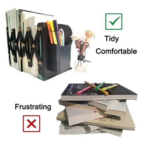 Metal Adjustable Book Ends to Hold Books Heavy Duty, Bookends for Shelves with Pen Holder, Book Stoppers for School and Office