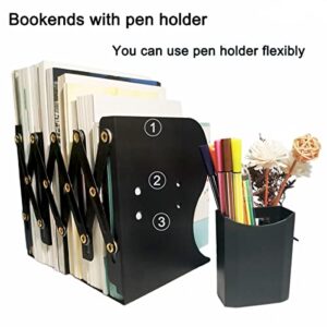 Metal Adjustable Book Ends to Hold Books Heavy Duty, Bookends for Shelves with Pen Holder, Book Stoppers for School and Office