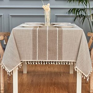mebakuk rectangle table cloth linen farmhouse tassel tablecloth wrinkle free and dust-proof decorative embroidered fabric table cover for kitchen (oblong 55″ x 70″ (4-6 seats), coffee stripe)