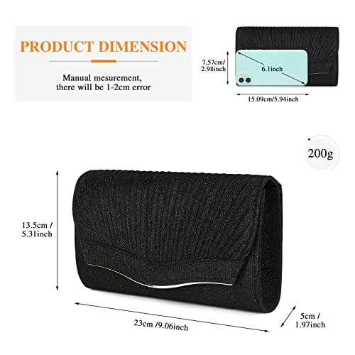 UBORSE Pleated Glitter Clutch Evening Bags for Women Formal Wedding Bridal Clutch Purse Prom Cocktail Party Handbags (One Size, Black)